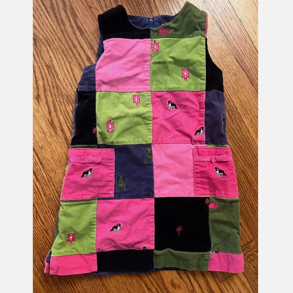 Vtg LILLY PULITZER Sz 6X Preppy Patch Patchwork Lobster Dog Little girl Spring